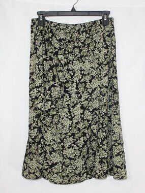 Vintage 90s women's skirt size L black floral print whimsygoth fairy midi a-line